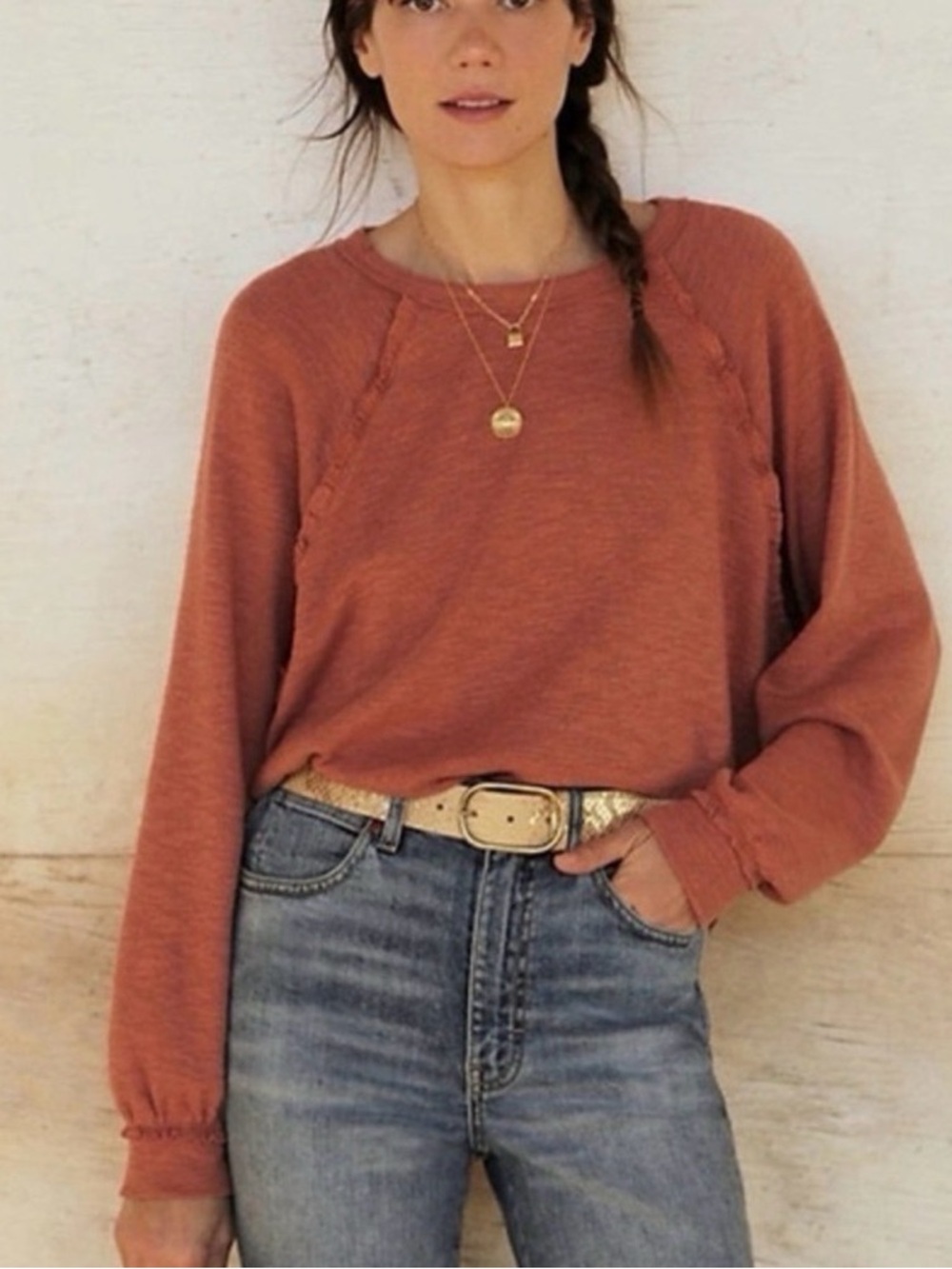 Anthropologie Pilcro Diana Raglan Ruffle Top Burnt Orange Rust XS